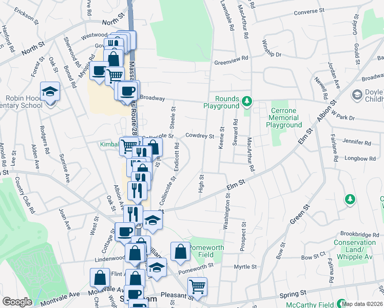 map of restaurants, bars, coffee shops, grocery stores, and more near 115 Collincote Street in Stoneham