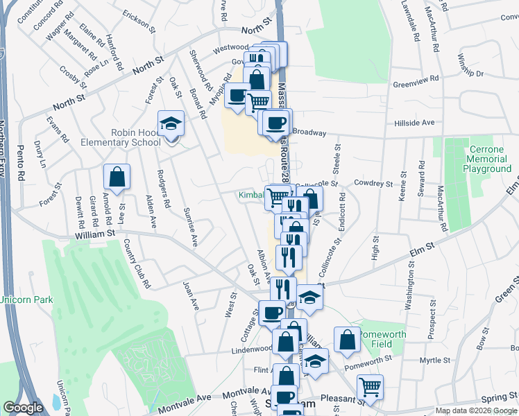 map of restaurants, bars, coffee shops, grocery stores, and more near 17 Kays Road in Stoneham