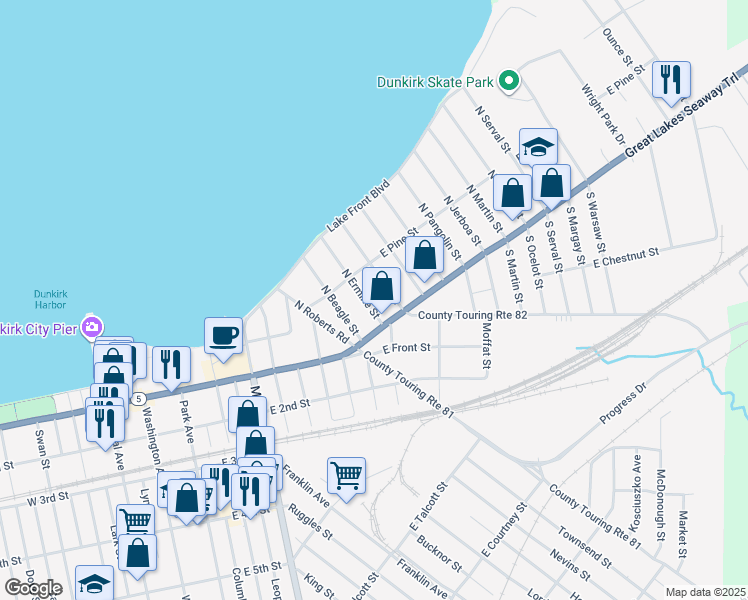 map of restaurants, bars, coffee shops, grocery stores, and more near 9 North Ermine Street in Dunkirk