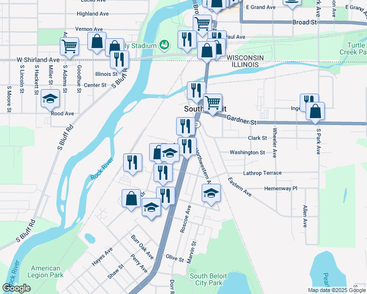 map of restaurants, bars, coffee shops, grocery stores, and more near in South Beloit