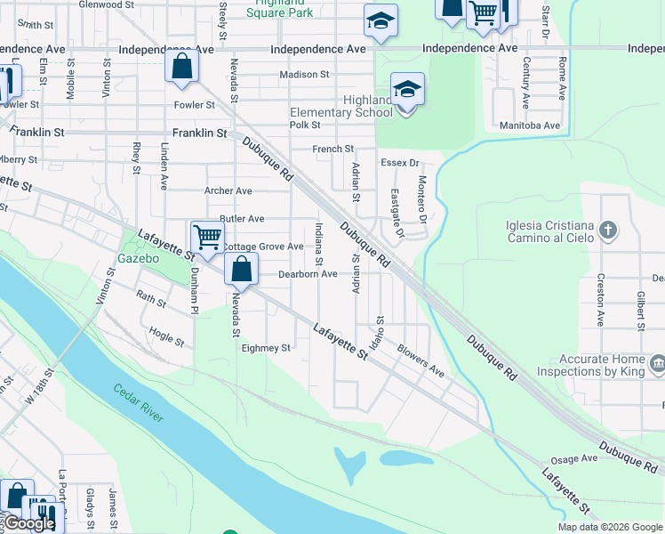 map of restaurants, bars, coffee shops, grocery stores, and more near 313 Dearborn Avenue in Waterloo