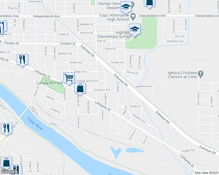 map of restaurants, bars, coffee shops, grocery stores, and more near 313 Dearborn Avenue in Waterloo