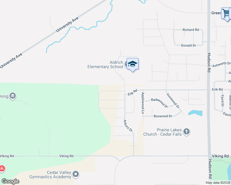 map of restaurants, bars, coffee shops, grocery stores, and more near 2425 Erik Road in Cedar Falls