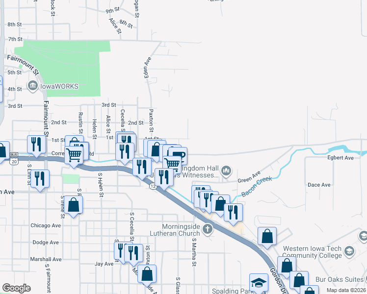 map of restaurants, bars, coffee shops, grocery stores, and more near 101-199 South Glass Street in Sioux City