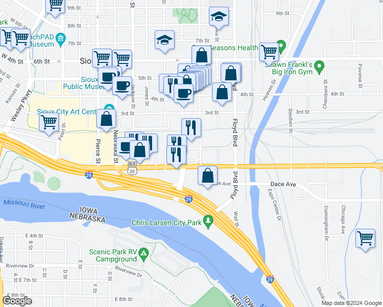 map of restaurants, bars, coffee shops, grocery stores, and more near in Sioux City