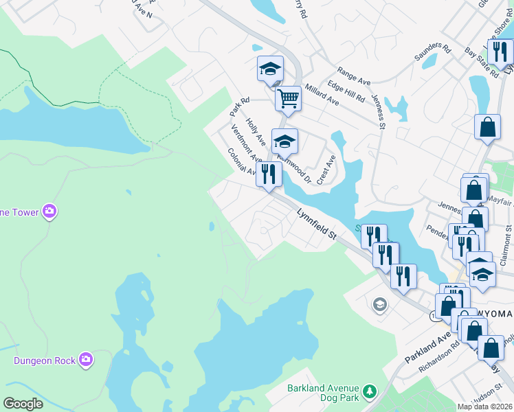 map of restaurants, bars, coffee shops, grocery stores, and more near 16 Shirley Road in Lynn