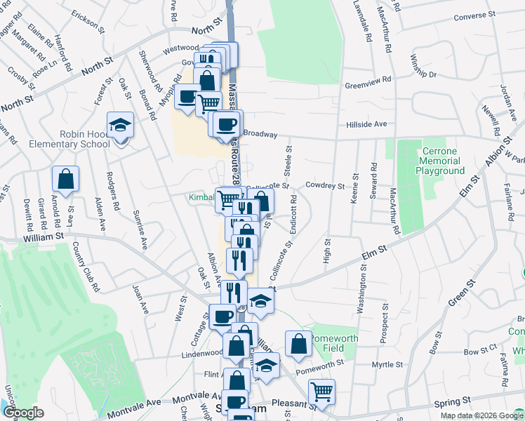map of restaurants, bars, coffee shops, grocery stores, and more near 220 Central Street in Stoneham