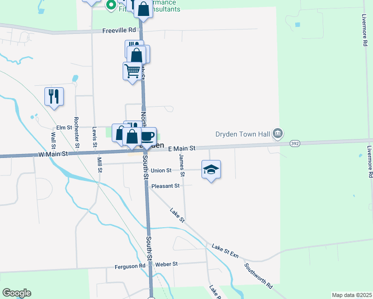 map of restaurants, bars, coffee shops, grocery stores, and more near 1 James Street in Dryden