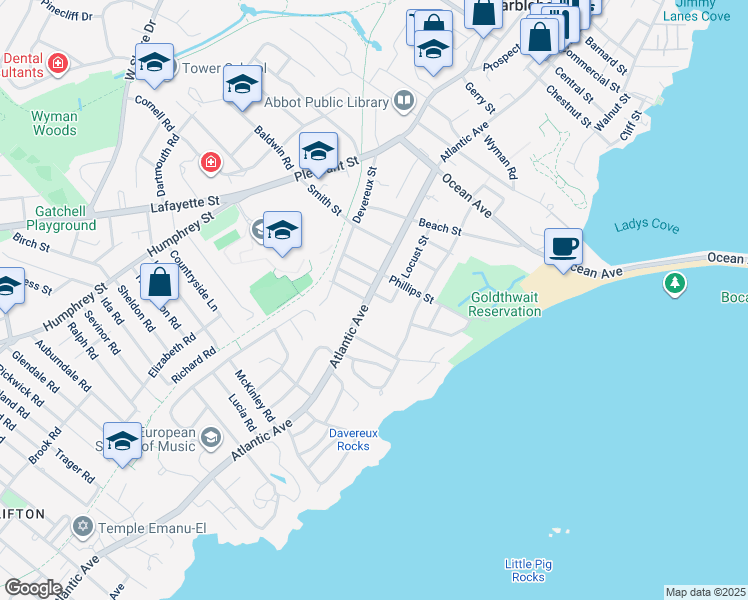 map of restaurants, bars, coffee shops, grocery stores, and more near 196 Atlantic Avenue in Marblehead