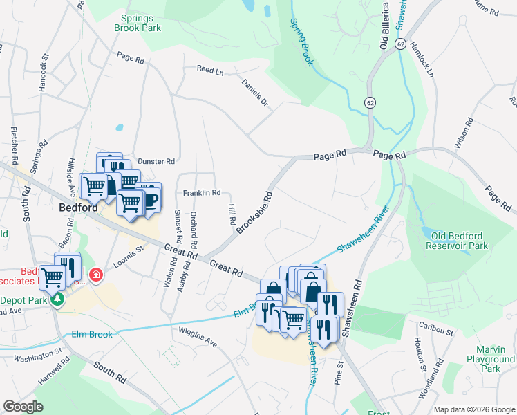 map of restaurants, bars, coffee shops, grocery stores, and more near 26 Brooksbie Road in Bedford