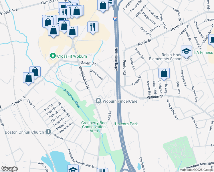 map of restaurants, bars, coffee shops, grocery stores, and more near 62 Mill Street in Woburn