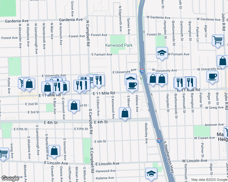 map of restaurants, bars, coffee shops, grocery stores, and more near 2003 East Eleven Mile Road in Royal Oak