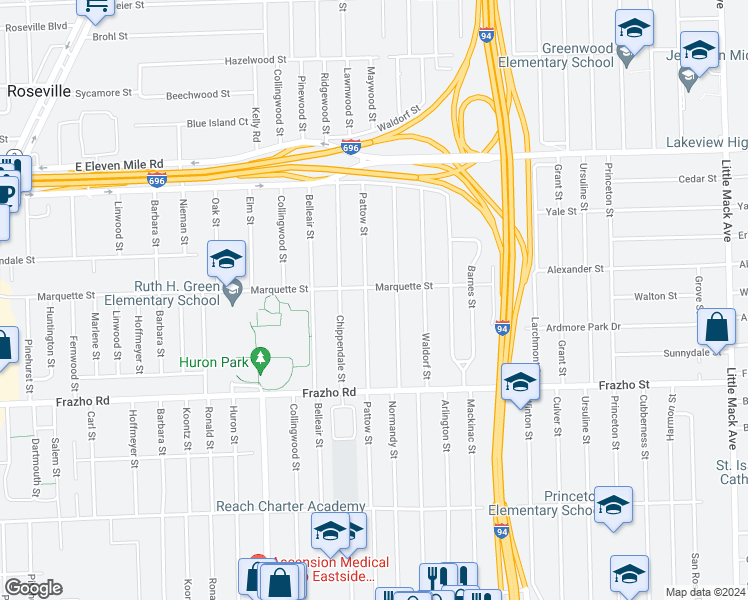 map of restaurants, bars, coffee shops, grocery stores, and more near 26330 Pattow Street in Roseville
