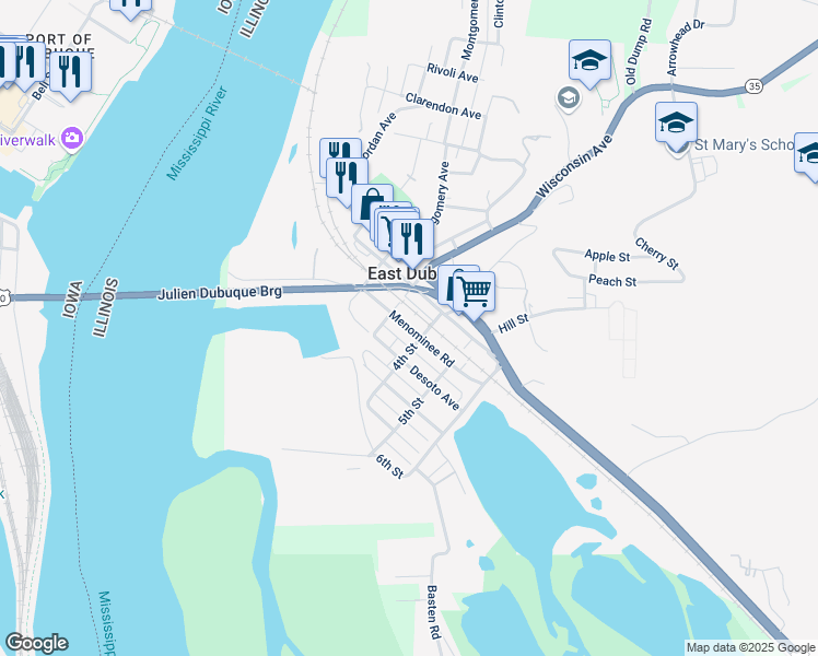 map of restaurants, bars, coffee shops, grocery stores, and more near 358 Menominee Road in East Dubuque