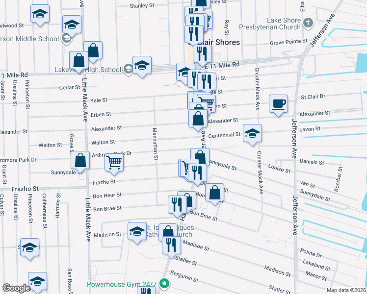 map of restaurants, bars, coffee shops, grocery stores, and more near 21325 Ardmore in St. Clair Shores