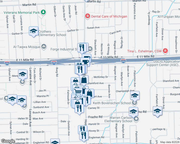 map of restaurants, bars, coffee shops, grocery stores, and more near 11642 Bloomfield Avenue in Warren
