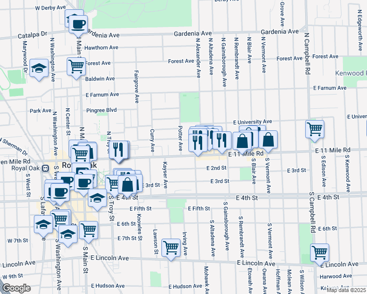 map of restaurants, bars, coffee shops, grocery stores, and more near 118 Potter Avenue in Royal Oak
