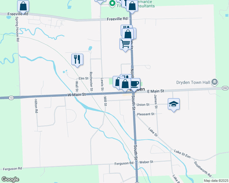 map of restaurants, bars, coffee shops, grocery stores, and more near 38 West Main Street in Dryden