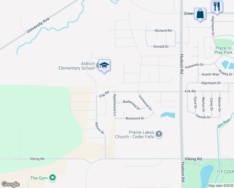 map of restaurants, bars, coffee shops, grocery stores, and more near 5301 Applewood Lane in Cedar Falls