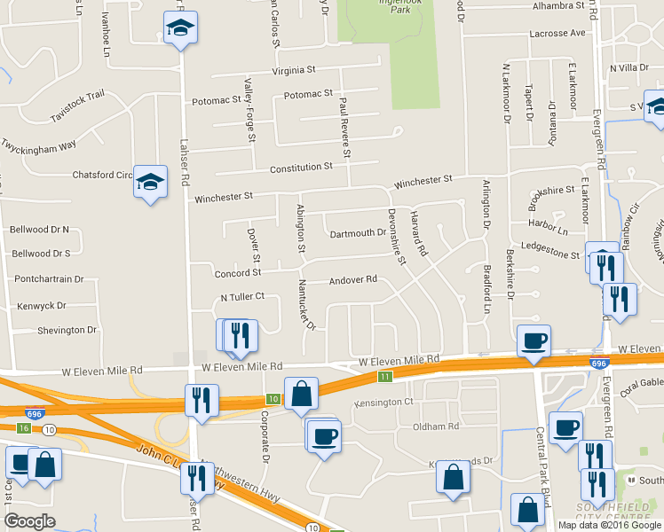 map of restaurants, bars, coffee shops, grocery stores, and more near 21329 Concord Street in Southfield