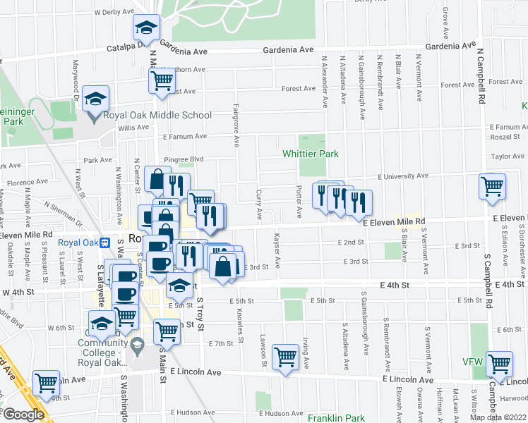 map of restaurants, bars, coffee shops, grocery stores, and more near 627 East Eleven Mile Road in Royal Oak