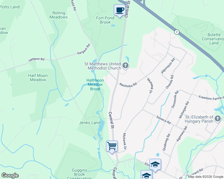 map of restaurants, bars, coffee shops, grocery stores, and more near 416 Central Street in Acton