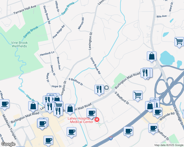 map of restaurants, bars, coffee shops, grocery stores, and more near 6 Fred Street in Burlington