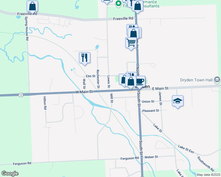 map of restaurants, bars, coffee shops, grocery stores, and more near 50 East Main Street in Dryden