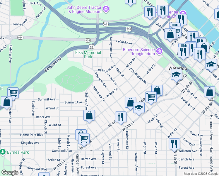 map of restaurants, bars, coffee shops, grocery stores, and more near 237 Western Avenue in Waterloo