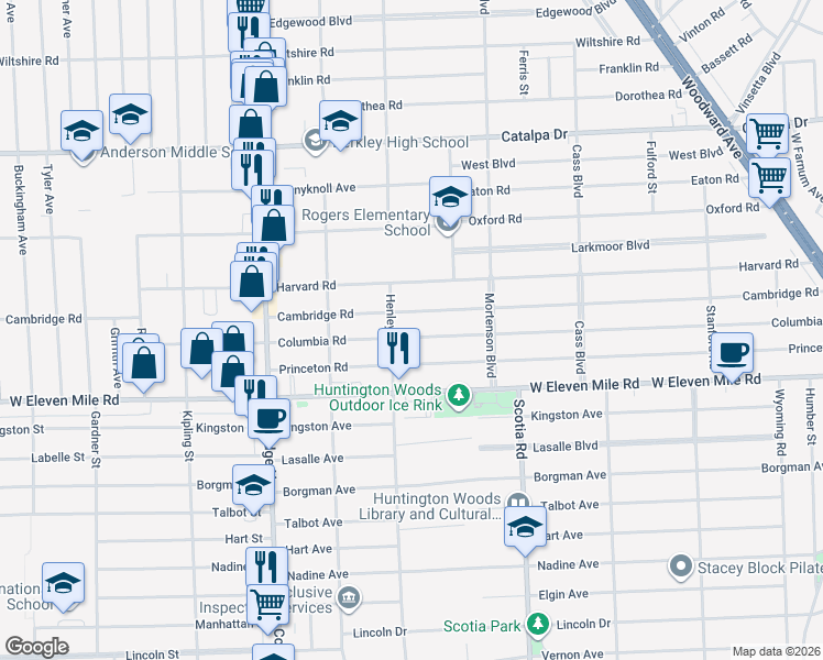 map of restaurants, bars, coffee shops, grocery stores, and more near 2074 Columbia Road in Berkley