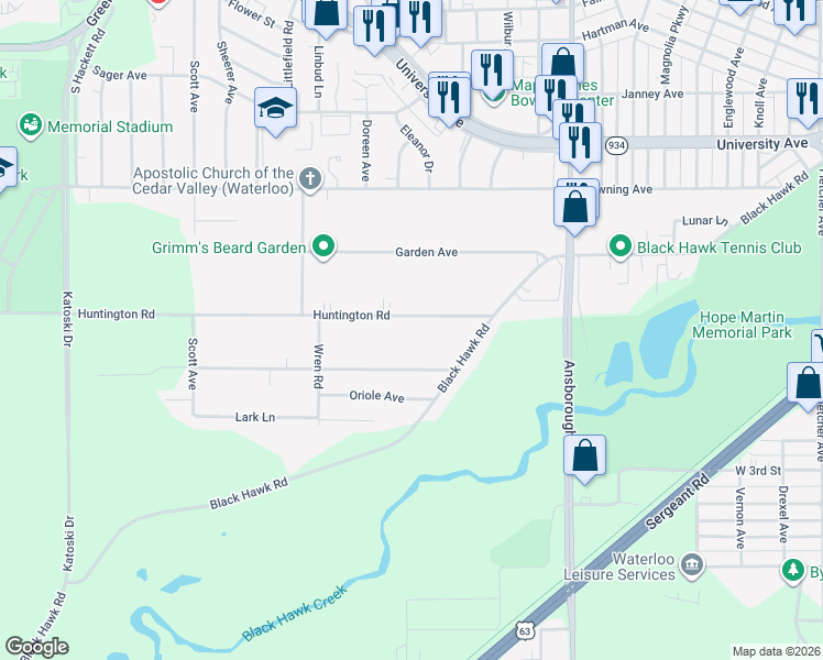map of restaurants, bars, coffee shops, grocery stores, and more near 1445 Huntington Road in Waterloo