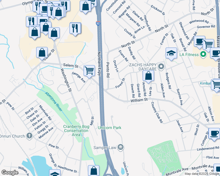 map of restaurants, bars, coffee shops, grocery stores, and more near 69 Mill Street in Woburn