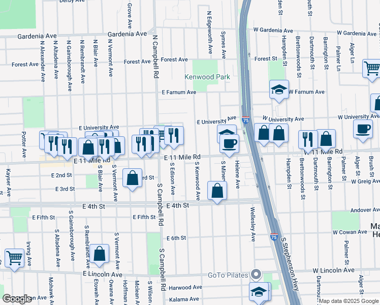 map of restaurants, bars, coffee shops, grocery stores, and more near 15 North Dorchester Avenue in Royal Oak