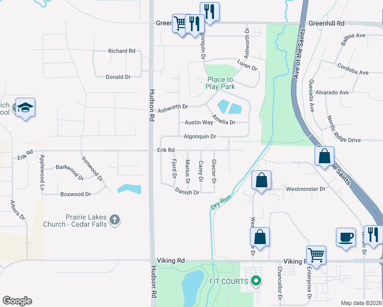 map of restaurants, bars, coffee shops, grocery stores, and more near 5307 Carey Drive in Cedar Falls