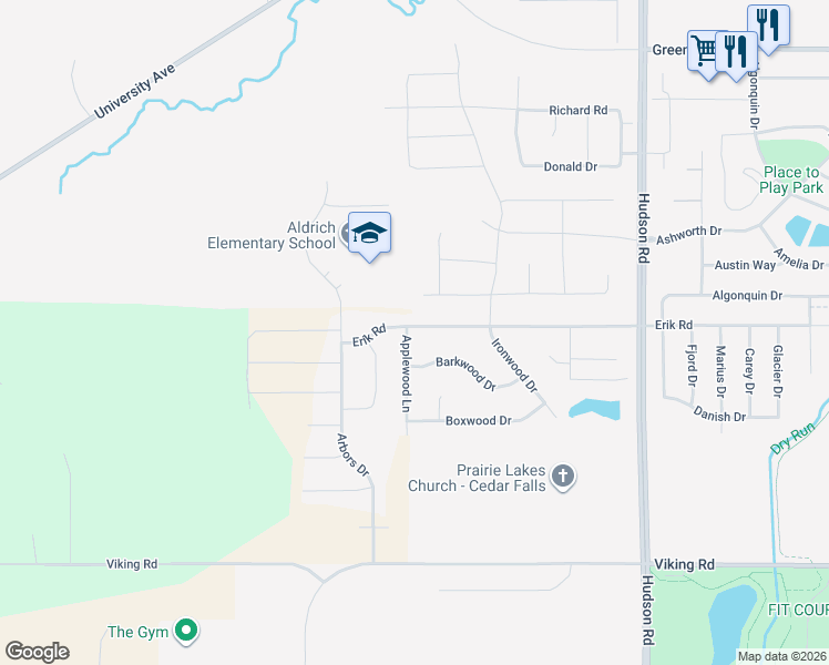 map of restaurants, bars, coffee shops, grocery stores, and more near 5301 Applewood Lane in Cedar Falls