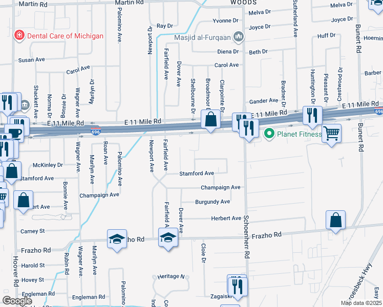 map of restaurants, bars, coffee shops, grocery stores, and more near 26723 Ridgefield Avenue in Warren