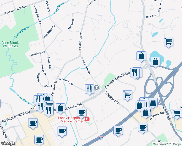 map of restaurants, bars, coffee shops, grocery stores, and more near 18 Stony Brook Road in Burlington