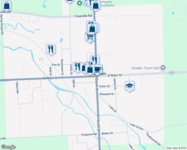 map of restaurants, bars, coffee shops, grocery stores, and more near 10 West Main Street in Dryden