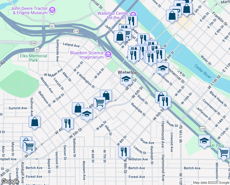 map of restaurants, bars, coffee shops, grocery stores, and more near 614 Randolph Street in Waterloo
