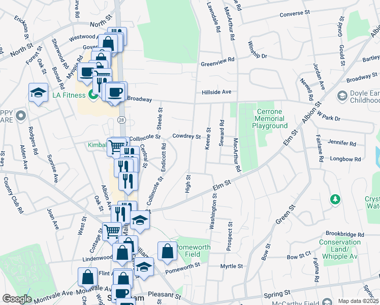 map of restaurants, bars, coffee shops, grocery stores, and more near 28 High Street in Stoneham