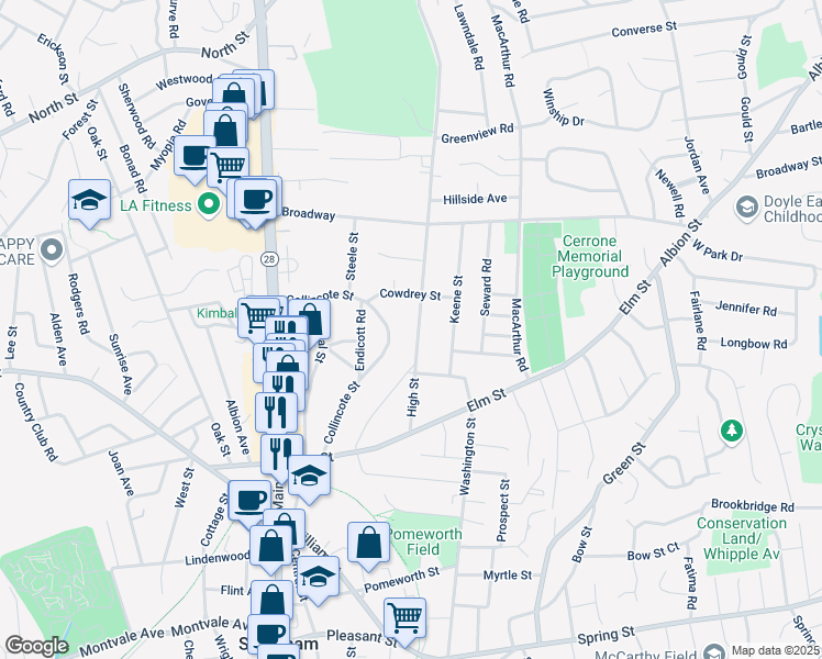 map of restaurants, bars, coffee shops, grocery stores, and more near 28 High Street in Stoneham