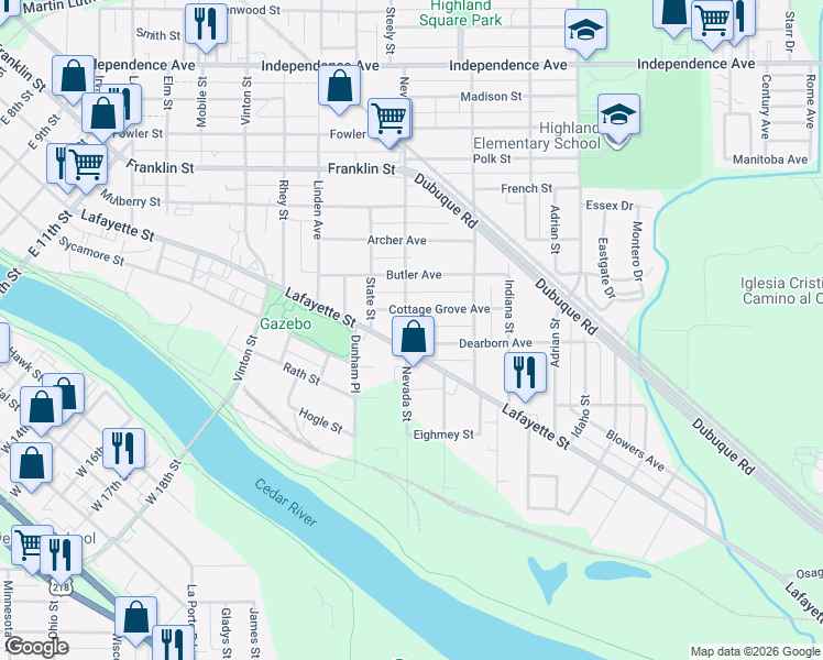 map of restaurants, bars, coffee shops, grocery stores, and more near 103 Dearborn Avenue in Waterloo