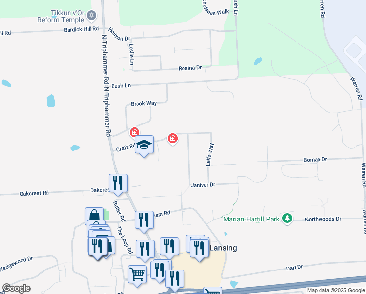 map of restaurants, bars, coffee shops, grocery stores, and more near 13 Janivar Drive in Ithaca