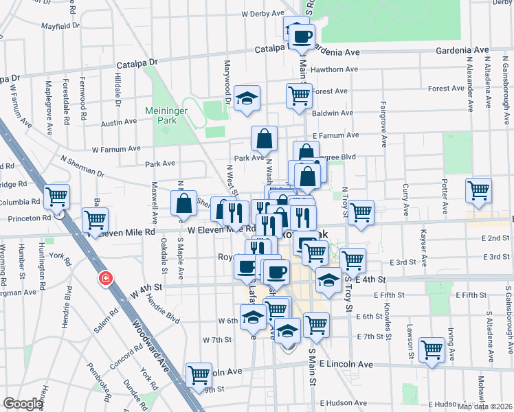 map of restaurants, bars, coffee shops, grocery stores, and more near 120A North Lafayette Avenue in Royal Oak