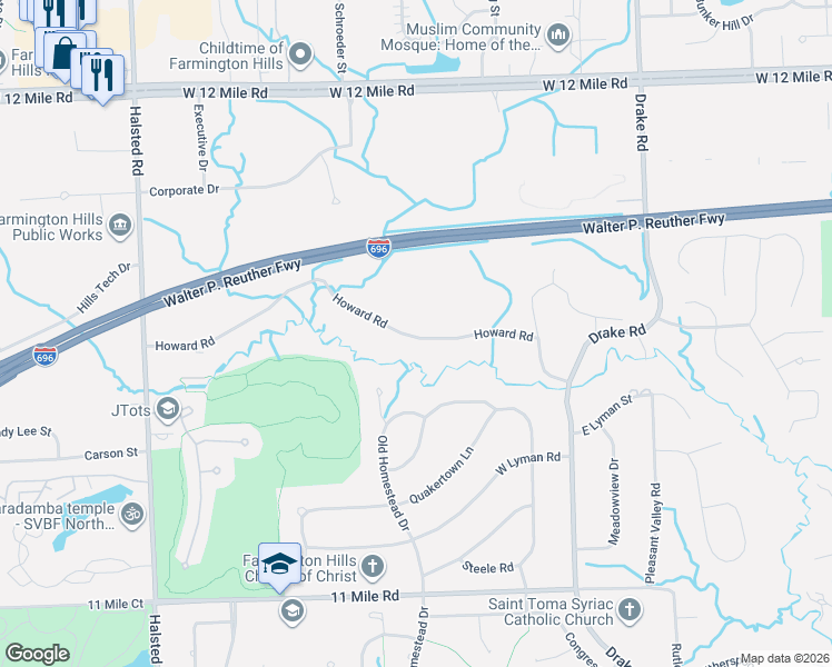 map of restaurants, bars, coffee shops, grocery stores, and more near 36475 Howard Road in Farmington Hills