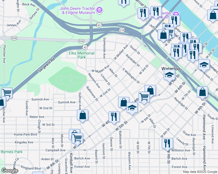map of restaurants, bars, coffee shops, grocery stores, and more near 1018 West 2nd Street in Waterloo