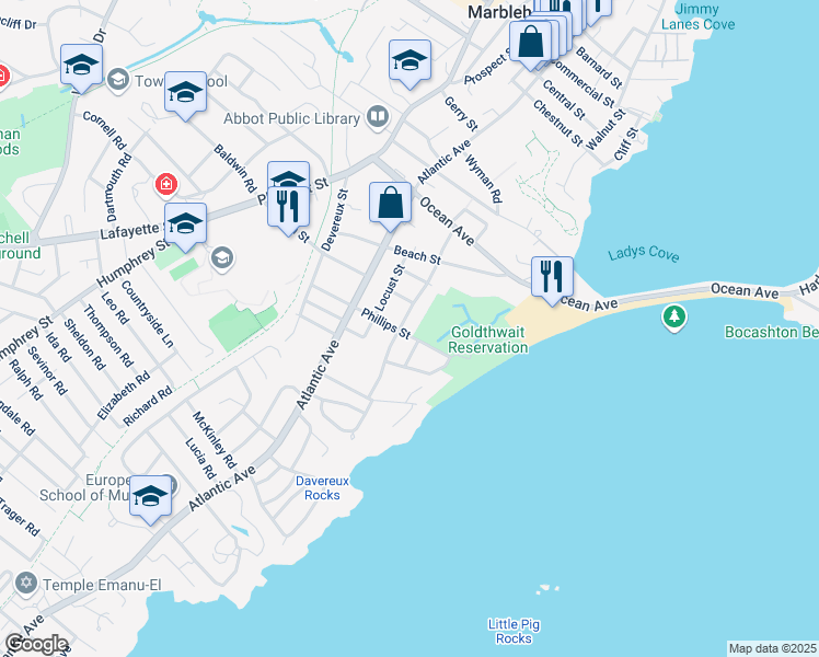 map of restaurants, bars, coffee shops, grocery stores, and more near 49 Phillips Street in Marblehead