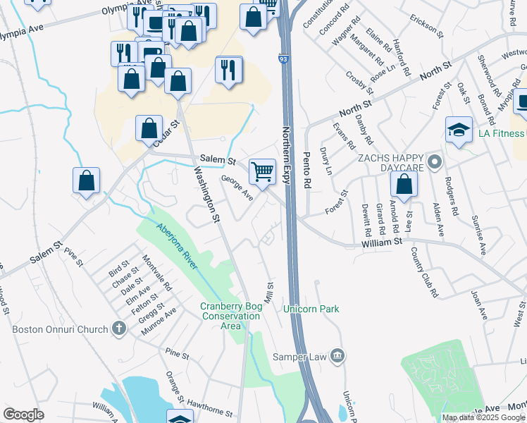 map of restaurants, bars, coffee shops, grocery stores, and more near 62 Mill Street in Woburn