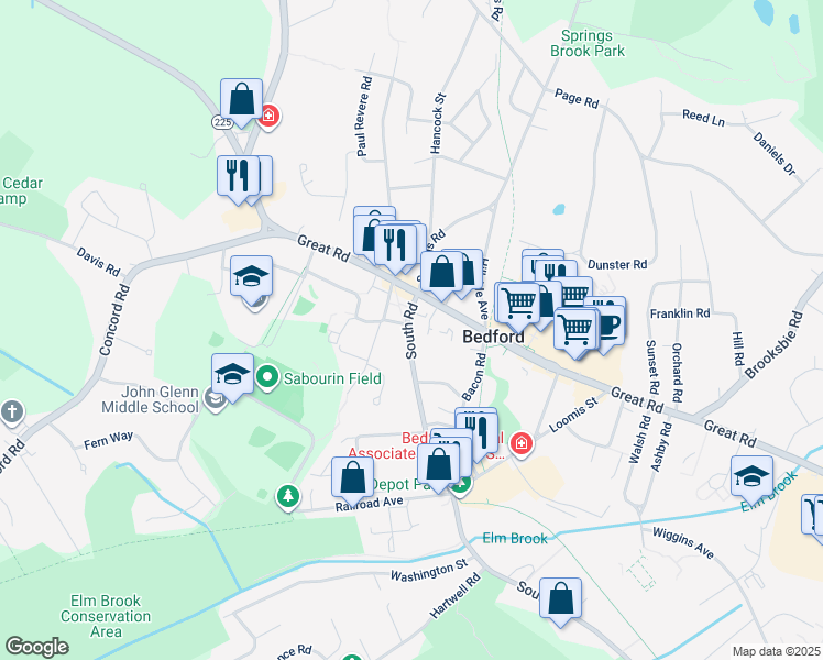 map of restaurants, bars, coffee shops, grocery stores, and more near 40 South Road in Bedford