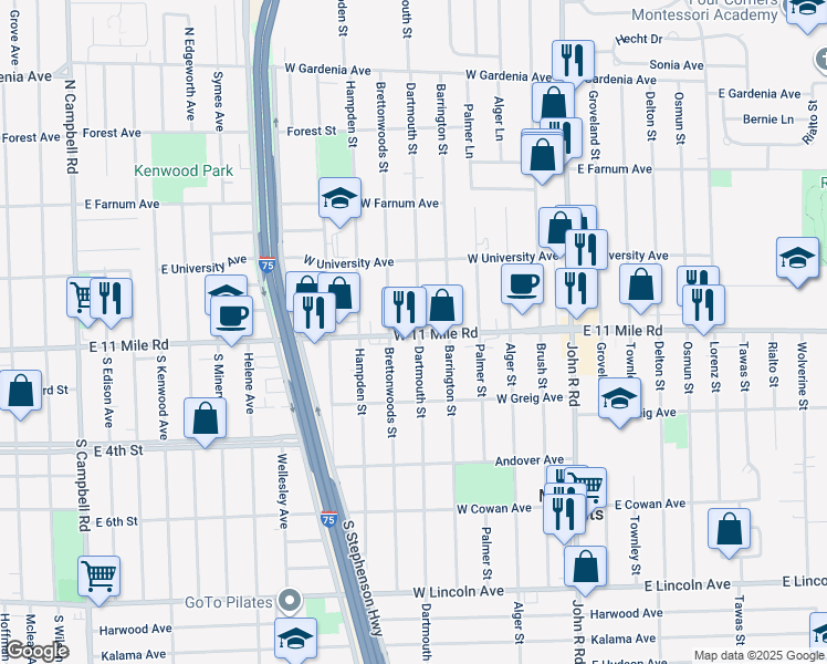 map of restaurants, bars, coffee shops, grocery stores, and more near 623 East Eleven Mile Road in Madison Heights